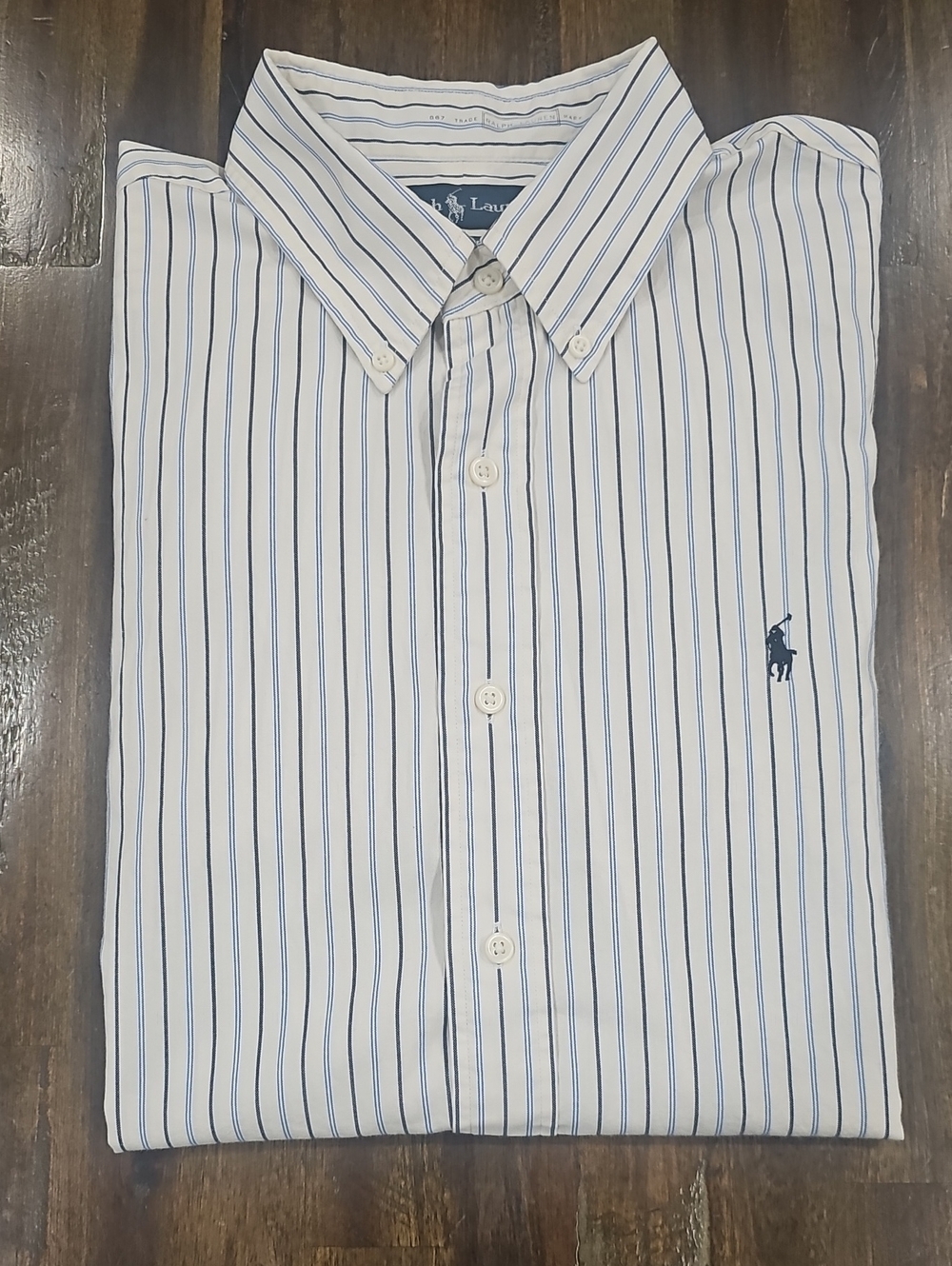 Ralph Lauren Off White Shirt with Blue And Black Pinstripes